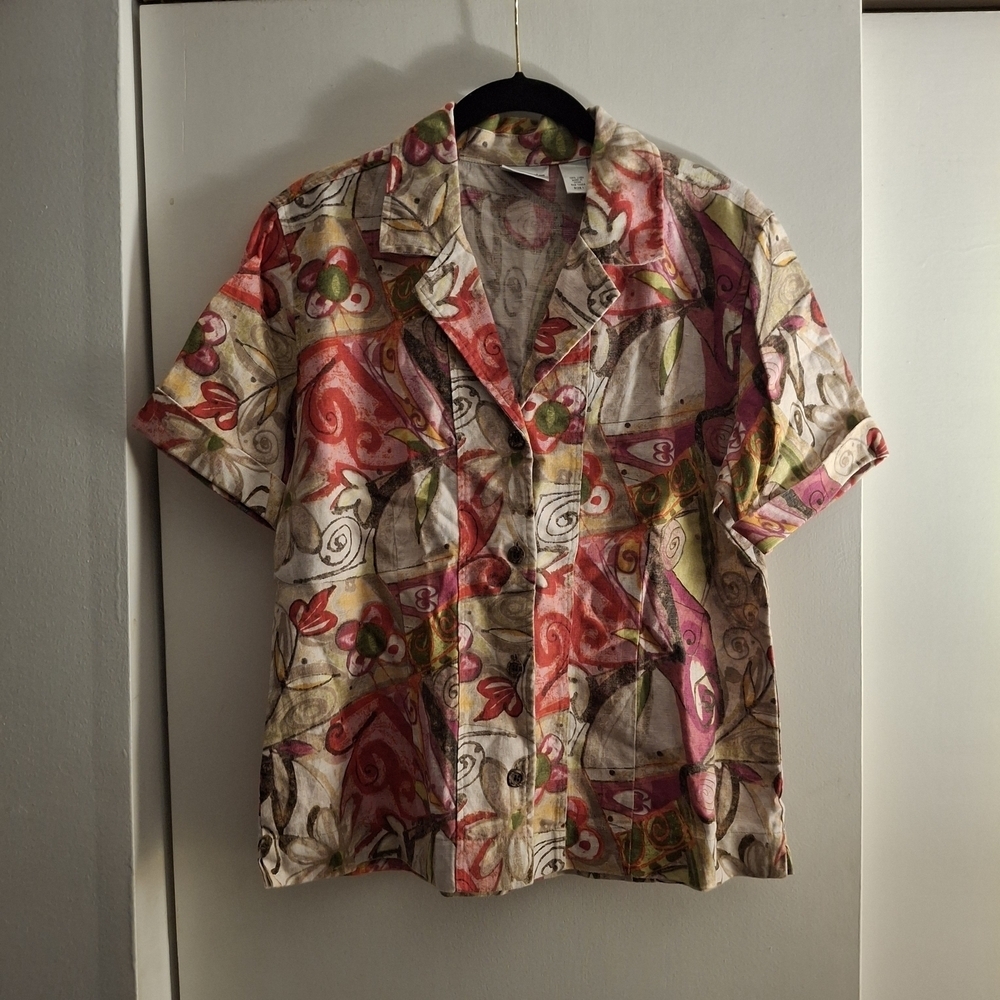Chico's Women's Colorful Abstract Floral Linen Short Sleeve Shirt